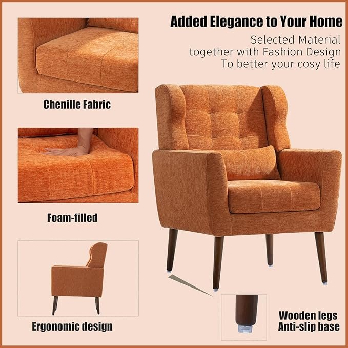 Livavege Mid Century Accent Chair with Wood Frame, Chenille Fabric Modern Upholstered Lounge - Image 3