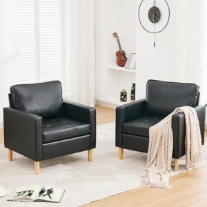 STHOUYN Faux Leather Comfy Black Accent Chairs Set of 2 Single Sofa Living Room